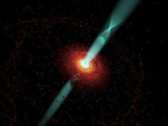 Relativistic jets shot from the axis of rotation of a supermassive black hole, created by accretion disc